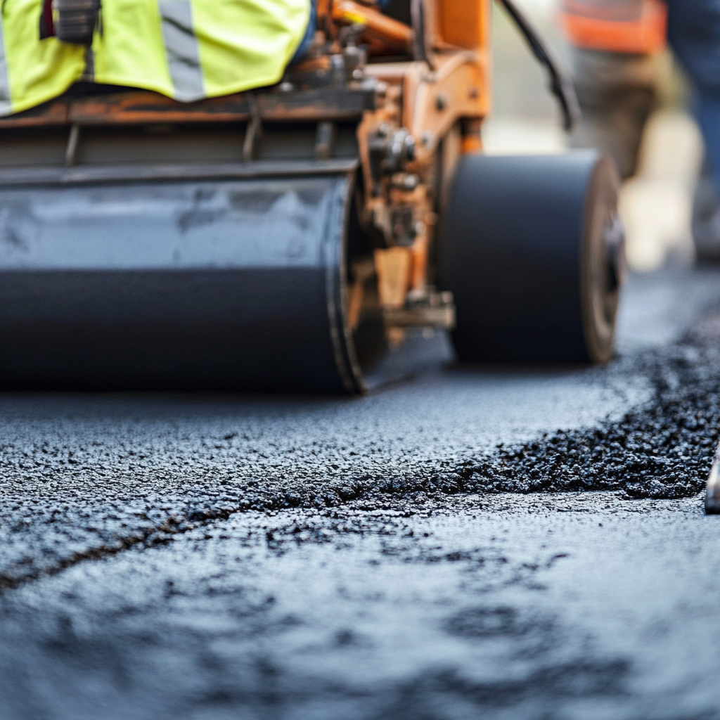 Close-up view of asphalt laying process showing quality materials and craftsmanship