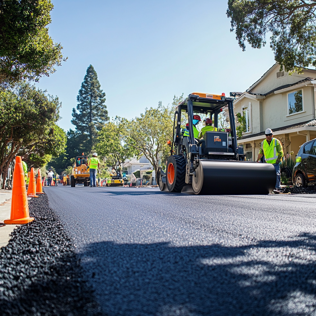 Professional asphalt paving crew working on residential street in Berkeley, CA