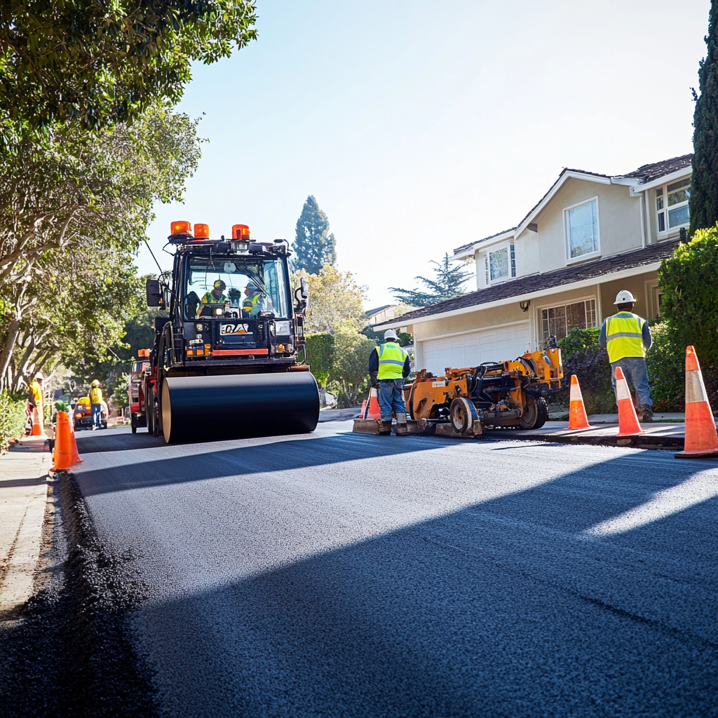 Berkeley Paving crew performing professional asphalt installation with safety equipment